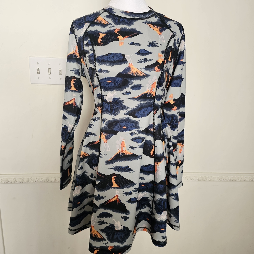 Hot Lava Volcano Print Dress Long-Sleeve Scuba Skater Y2K '90s Fit & Flare Small
